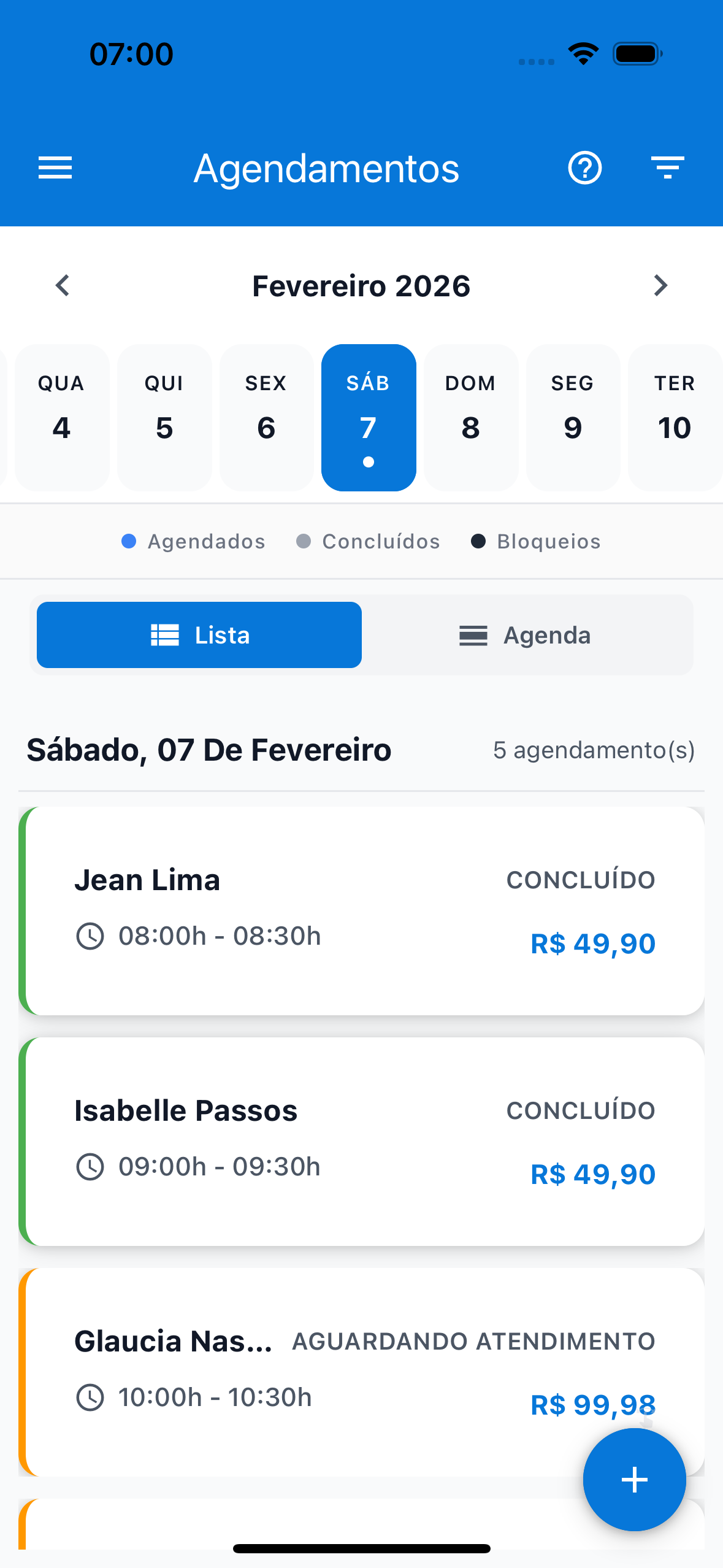 Tela de lista de agendamentos do TimoraUP mostrando detalhes de um agendamento