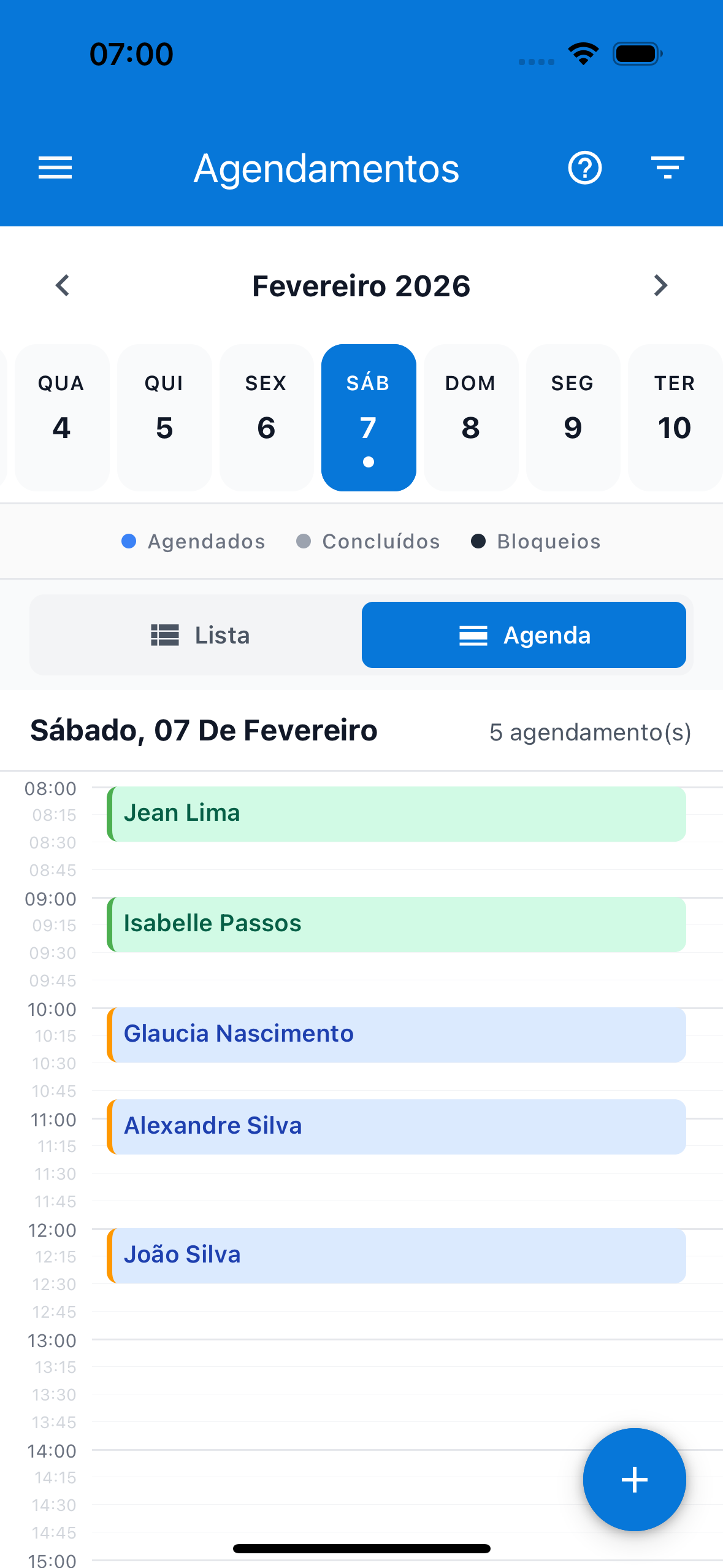 Tela de agendamentos do TimoraUP mostrando a agenda do dia